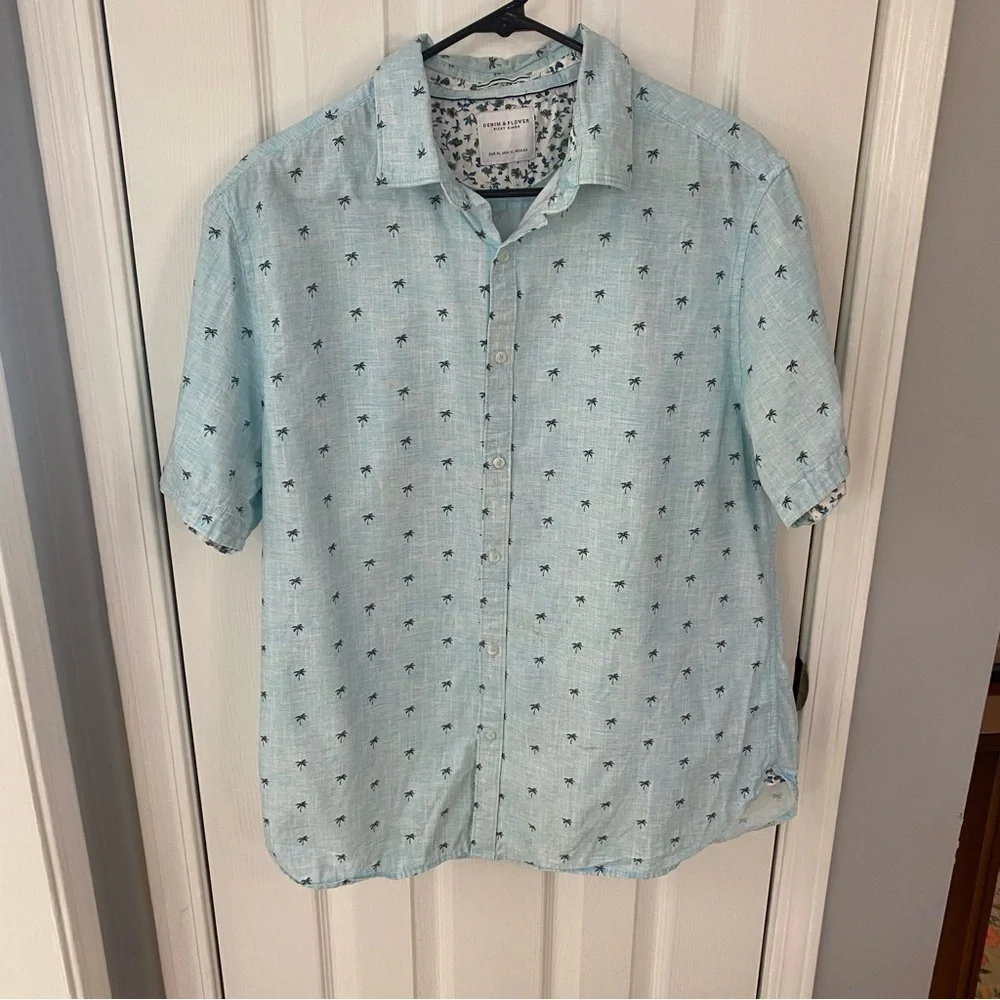 Denim & Flower Sky Blue Palm Tree Shirt‎ Preppy Palm Trees Beach Wear Spring - Picture 2 of 9
